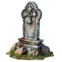 Stone Grave Marker with Cross, Skull and Bones, and Moss on Transparent background AI-Generative png