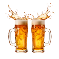 Two Beer Mugs toasting creating splash isolated on transparent background, cut out, or clipping path. png