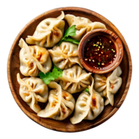 Dumpling momos with sauce in a wooden plate isolated on transparent background, cut out, or clipping path. png