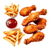 Fried chicken and fries with sauce isolated on transparent background, cut out, or clipping path. png