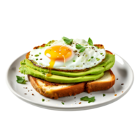Plate of Avocado Toast with a Fried Egg isolated on transparent background, cut out, or clipping path. png