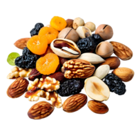 Nuts and dried fruits isolated on transparent background, cut out, or clipping path. png