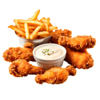 Fried chicken and fries with sauce isolated on transparent background, cut out, or clipping path. png