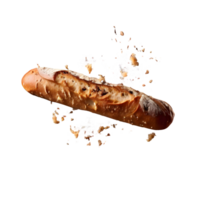 Baguette bread with falling crumbs isolated on transparent background, cut out, or clipping path. png