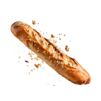 Baguette bread with falling crumbs isolated on transparent background, cut out, or clipping path. png