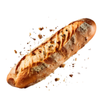 Baguette bread with falling crumbs isolated on transparent background, cut out, or clipping path. png