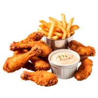 Fried chicken and fries with sauce isolated on transparent background, cut out, or clipping path. png