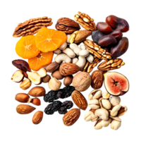 Nuts and dried fruits isolated on transparent background, cut out, or clipping path. png