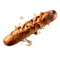 Baguette bread with falling crumbs isolated on transparent background, cut out, or clipping path. png