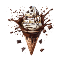 Vanilla cone ice cream with chocolate splash and pieces on a transparent background png
