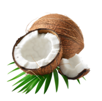 Cracked coconut with leaves isolated on a transparent background png