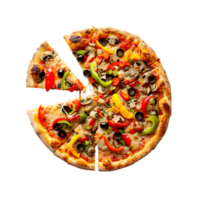 Vegetable pizza with a sliced piece on a transparent background png