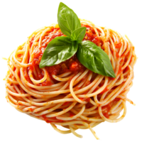 Spaghetti with tomato sauce and basil garnish isolated on a transparent background png