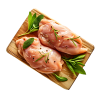 Raw chicken breast fillets with herbs on a wooden board isolated on a transparent background png