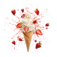 Strawberry cone ice cream with fresh berries and splash on a transparent background png
