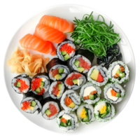 Plate of Sushi Rolls with Various Fillings and Pickled Ginger on Transparent Background png