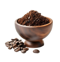 Ground Coffee and Coffee Beans in Wooden Bowl on a Transparent Background png