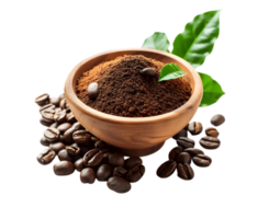 Coffee Powder in a Wooden Bowl with Beans and Leaves, Transparent Background png
