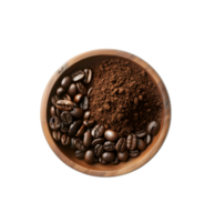 Ground Coffee and Coffee Beans in Wooden Bowl on a Transparent Background png
