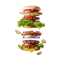 Floating burger ingredients with fresh vegetables on a transparent background png