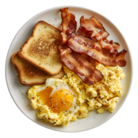 Classic Breakfast Spread with Scrambled Eggs, Crispy Bacon, and Buttered Toast Isolated on Transparent Background png