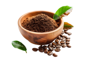 Coffee Powder in a Wooden Bowl with Beans and Leaves, Transparent Background png
