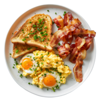 Frühstück Verbreitung mit durcheinander Eier, knusprig Speck, und gebuttert Toast isoliert auf transparent Hintergrund png