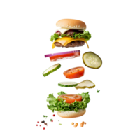 Floating burger ingredients with fresh vegetables on a transparent background png
