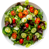 Mixed Greens Salad with Cherry Tomatoes, Cucumbers, and Light Vinaigrette on Transparent Background png