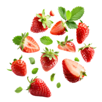 fresas con medio rebanadas que cae o flotante en transparente antecedentes png