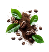 Fresh Coffee Beans and Ground Coffee with Green Leaves on a Transparent Background png