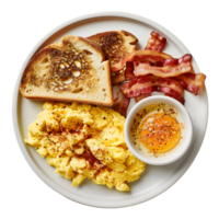 Classic Breakfast Spread with Scrambled Eggs, Crispy Bacon, and Buttered Toast Isolated on Transparent Background png