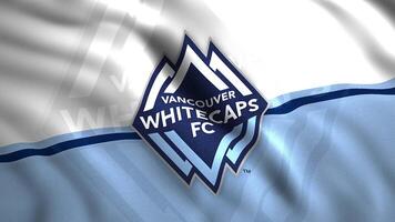 Close up of Vancouver Whitecaps FC canadian professional soccer team flag, seamless loop. Motion. Rippling colorful flag, seamless loop. For editorial use only. video