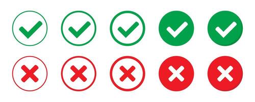 Right or wrong icons. Green tick and red cross checkmarks. Yes or no symbol, approved or rejected icon for user interface. vector