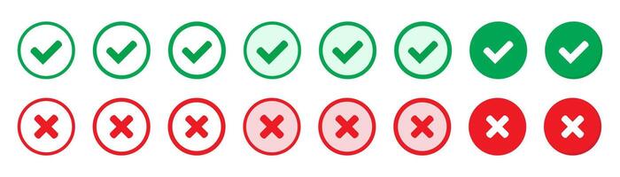 Right or wrong icons. Green tick and red cross checkmarks. Yes or no symbol, approved or rejected icon for user interface. vector