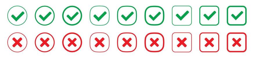 Right or wrong icons. Green tick and red cross checkmarks. Yes or no symbol, approved or rejected icon for user interface. vector