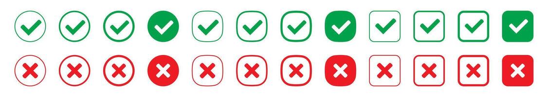 Right or wrong icons. Green tick and red cross checkmarks. Yes or no symbol, approved or rejected icon for user interface. vector