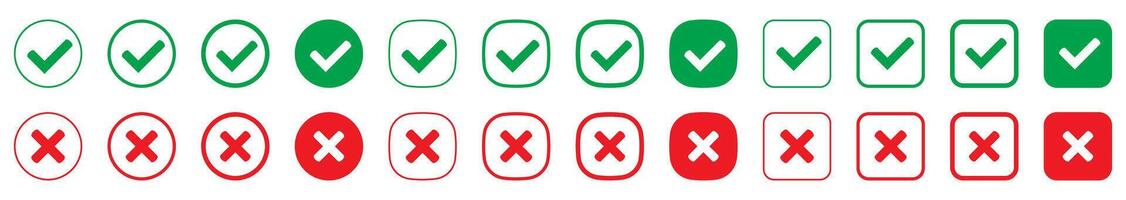 Right or wrong icons. Green tick and red cross checkmarks. Yes or no symbol, approved or rejected icon for user interface. vector