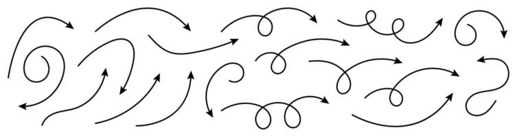 Collection of curved arrows. Set simple curved hand drawn arrows. Collection of pointers. vector