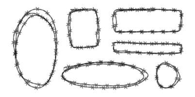 Set of barbed wire frames with different shapes. Concept of protection, danger or security. Hand drawn in sketch style vector