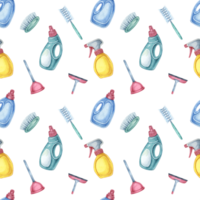 Cleaning essentials seamless pattern with spray bottles, detergent, and plunger. Clipart for backgrounds in presentations about cleanliness, wrapping paper, and website designs for janitorial products png
