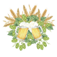 Cheers with beer mugs with light lager beer surrounded by barley ears, wheat stalks and green hops. Oktoberfest composition in watercolor. Clipart for festive designs, card, brewery, flyer, coaster png