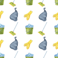 Garbage bags, mops, and gloves as seamless pattern in watercolor. Background ideal for wrapping paper, educational materials on cleanliness, and branding for cleaning services and products png