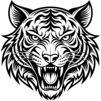 A detailed black depiction of a roaring tigers head, showcasing intricate line work and sharp features png