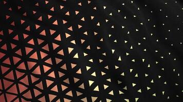 Animated 3D waving cloth texture with orange and black stripes and triangles, seamless loop. Motion. Smooth silk cloth surface with ripples and folds in tissue. video