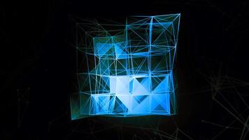 Abstract neon plexus transforming cube on a black background, seamless loop. Motion. 3D moving cubic silhouette in digital world. video