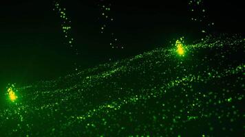 Abstract green shiny futuristic digital space with unique dots and flying comets. Motion. Dark green wavy surface of tiny particles. video