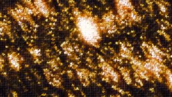 Golden shimmering sparkles in liquid stream. Motion. Bright shimmering sparkles with effect of liquid in stream of pixels. Pixel highlights of golden liquid video