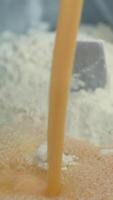 Production at the factory.Clip. The yolk from the egg is mixed with flour and ground using special machines. video