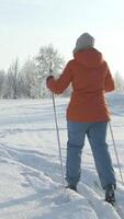 Slow motion rear view of skiers skiing down the snowy path on a frosty winter day. Creative. People hiking and moving through snow. video